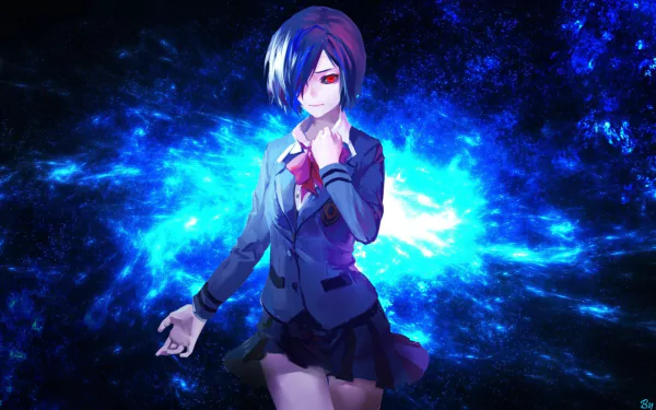 HD desktop wallpaper featuring Touka Kirishima from Tokyo Ghoul, in a uniform with a skirt and bow, showcasing purple hair and red eyes against a cosmic blue background.