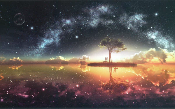 HD desktop wallpaper displaying an anime landscape with a tree and a bench on a small island reflected in calm waters, set against a starry night sky with a glowing sunset.