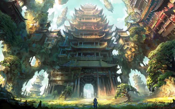 HD desktop wallpaper of an anime landscape featuring a majestic city with towering pagoda-style buildings enveloped by large trees and soft sunlight streaming through the leaves.