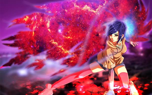 HD desktop wallpaper featuring Touka Kirishima from Tokyo Ghoul, with purple hair and kagune, dressed in shorts and thigh highs, set against a vibrant cosmic background.