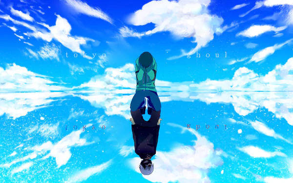 HD desktop wallpaper featuring Ken Kaneki from Tokyo Ghoul, depicted against a vibrant blue sky and cloud background.