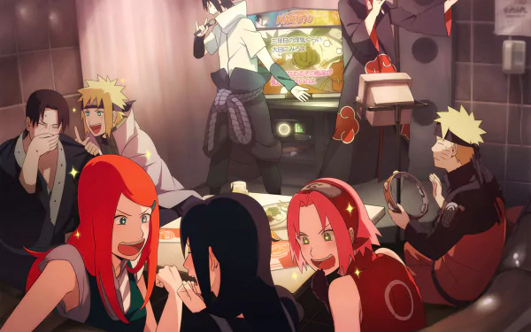 HD wallpaper featuring Naruto characters Sakura, Fugaku, Mikoto, Kushina, Minato, Itachi, Sasuke, and Naruto in a lively indoor scene.