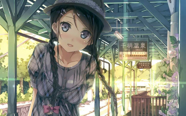 HD Anime wallpaper from 5 Nenme no Houkago featuring a girl with a braid, wearing a hat, at a train station surrounded by greenery.
