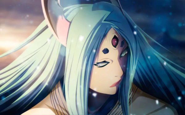 HD wallpaper of Kaguya Ōtsutsuki from the anime Naruto, featuring her with flowing hair, a serene expression, and a mystical background.