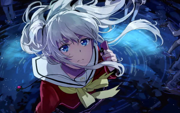 HD wallpaper featuring Nao Tomori from Charlotte anime, with long white hair, blue eyes, in a school uniform with a bow. She stands by reflective water under a night sky.