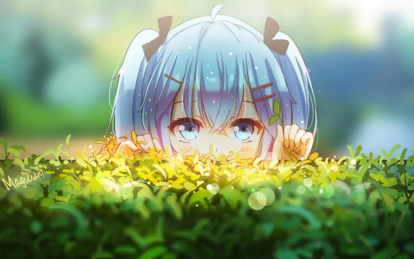 An HD desktop wallpaper featuring Hatsune Miku from Vocaloid. She is hiding behind a hedge, with her blue eyes and blue hair peeking out, creating a charming anime scene.