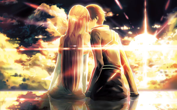 An HD desktop wallpaper depicting Asuna Yuuki and Kirito from Sword Art Online sharing a kiss under a vibrant, radiant sky.