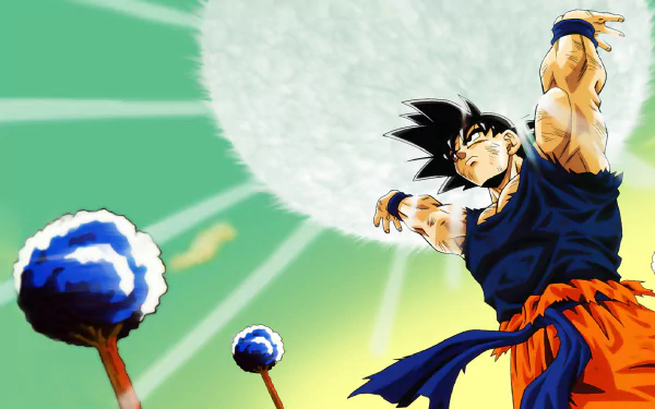HD desktop wallpaper featuring Goku from Dragon Ball Z preparing a powerful energy attack against a vibrant green background with dramatic lighting and two trees in the foreground.