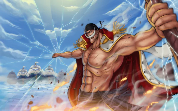 An HD desktop wallpaper featuring Edward Newgate from the anime One Piece. The powerful character is depicted in a dynamic pose amidst an intense battle scene with ships in the background.