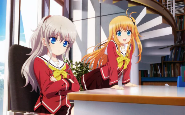 HD desktop wallpaper featuring anime characters Nao Tomori and Yusa Kurobane from Charlotte, posing in a room with a spiral staircase in the background.