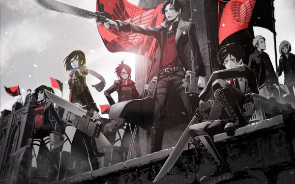 HD desktop wallpaper featuring characters from Attack on Titan, including Hange Zoë, Sasha Blouse, Petra Ral, Jean Kirstein, Bertholdt Hoover, Armin Arlert, Levi Ackerman, Eren Yeager, and Mikasa Ackerman.