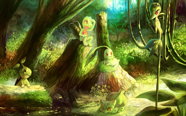 This HD desktop wallpaper features the Grass-type starter Pokémon Bulbasaur, Turtwig, Snivy, Chikorita, and Treecko in a vibrant, lush forest setting from the Pokémon anime series.