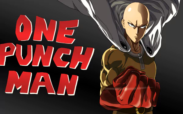 HD desktop wallpaper featuring Saitama from the anime One-Punch Man, showcasing his iconic clenched fist pose with the title One Punch Man prominently displayed.