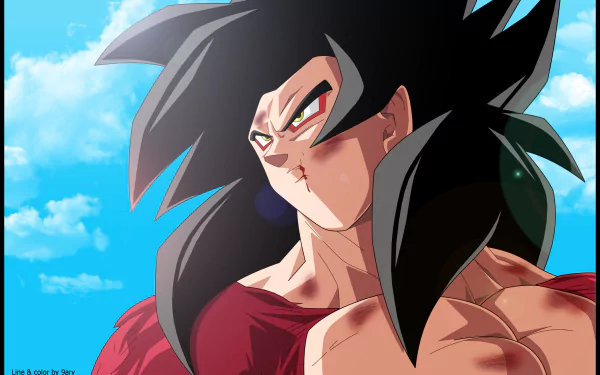 HD wallpaper of Super Saiyan 4 Goku from Dragon Ball GT, featuring a determined expression against a clear, blue sky.