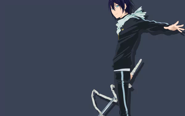 HD desktop wallpaper featuring Yato from the anime Noragami, with striking purple hair and blue eyes, standing in a dynamic pose against a plain, dark background.