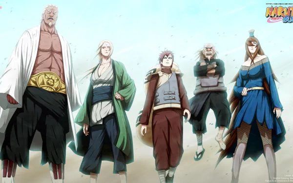 HD desktop wallpaper featuring anime characters from Naruto: Meï Terumî, Ōnoki, Gaara, Tsunade, and A, standing confidently. The background is light and the Naruto logo is visible at the top right.