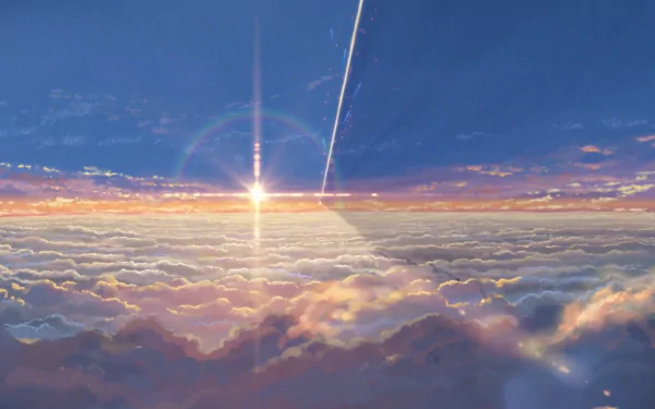 A stunning HD desktop wallpaper featuring a beautiful anime-style sunset above the clouds, inspired by Your Name. The vibrant colors and serene atmosphere create a captivating background.