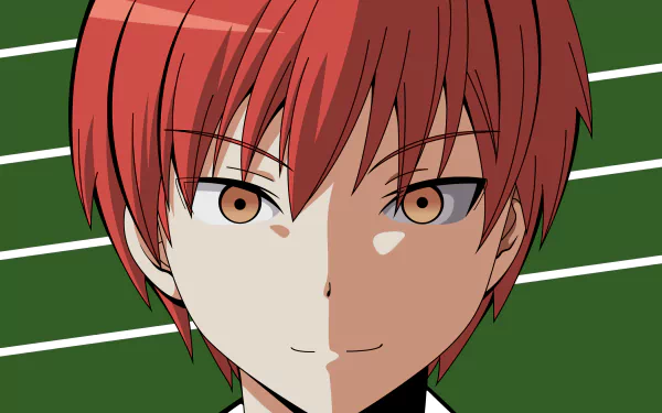 HD desktop wallpaper featuring Karma Akabane from Assassination Classroom with vibrant red hair and a confident expression against a green striped background.
