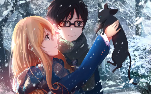 HD desktop wallpaper featuring characters Kousei Arima and Kaori Miyazono from the anime Your Lie in April in a snowy scene, holding a cat.