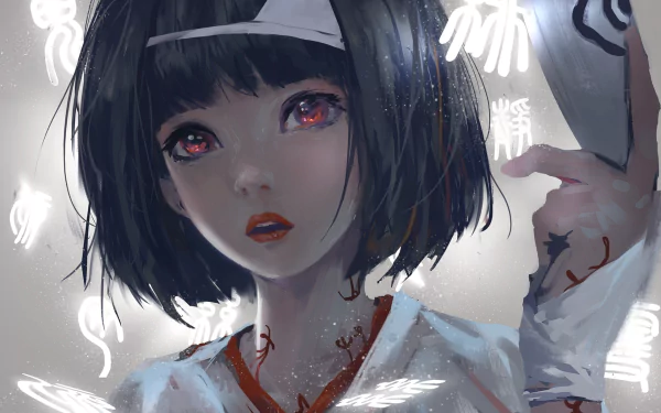 HD desktop wallpaper featuring Nora from Noragami. The anime character has short black hair, red eyes, a headband, a mask, and tattoos. The background is adorned with ethereal, glowing symbols.