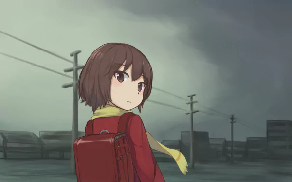 A misty landscape featuring Kayo Hinazuki from Boku Dake Ga Inai Machi (Erased), with a red backpack and yellow scarf, evoking a sense of nostalgia and intrigue.