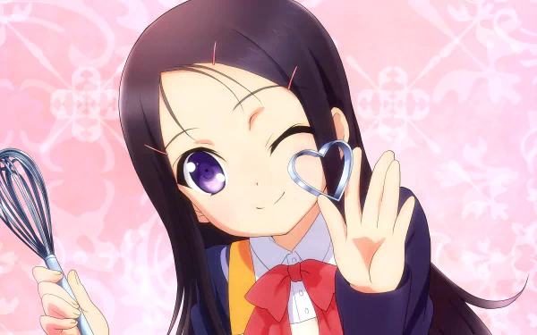A vibrant HD wallpaper featuring Ayumi Otosaka from the anime Charlotte, smiling and holding a whisk while playfully forming a heart shape with her fingers against a soft pink background.