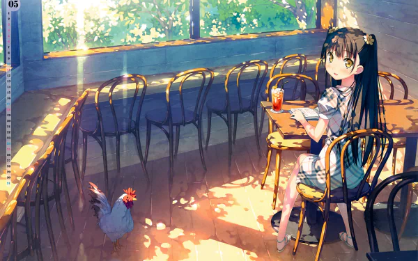 A serene HD desktop wallpaper titled 5 Nenme no Houkago featuring anime artwork of a girl in a sunlit room with a rooster.