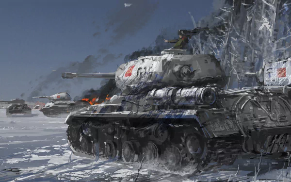 HD desktop wallpaper featuring a dramatic scene from Girls und Panzer with tanks in action on a snowy battlefield, showcasing the character Nonna amidst the battle.