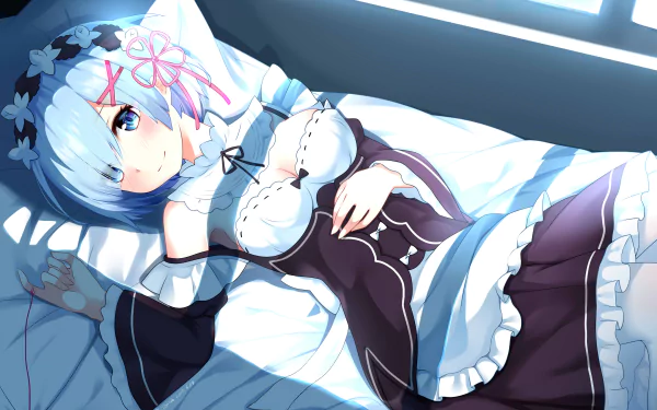 Anime character Rem from Re:Zero - Starting Life in Another World with short blue hair and blue eyes, wearing a maid outfit, lying down. HD desktop wallpaper and background.