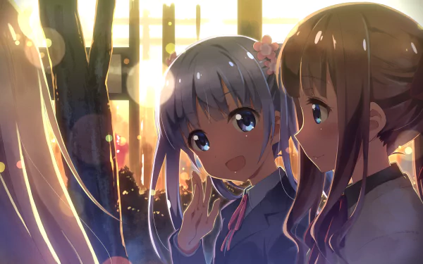 A vibrant HD desktop wallpaper featuring Hifumi Takimoto and Aoba Suzukaze from the anime New Game! with blue eyes and bright smiles, glowing in a sunlit background.