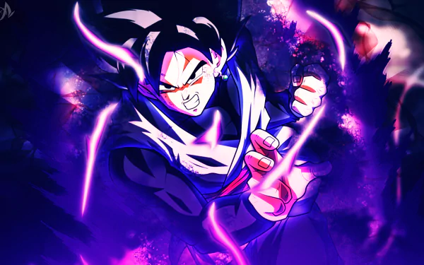 HD desktop wallpaper of Black Goku from Dragon Ball Super, featuring dynamic purple and blue lighting effects, encapsulating the intense and powerful aura of the character in a captivating anime style.