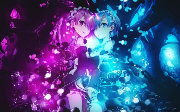 HD desktop wallpaper featuring Ram and Rem from the anime Re:Zero - Starting Life in Another World. The twins stand against a mystical backdrop with vibrant purple and blue hues, highlighting their blue eyes and short hair.