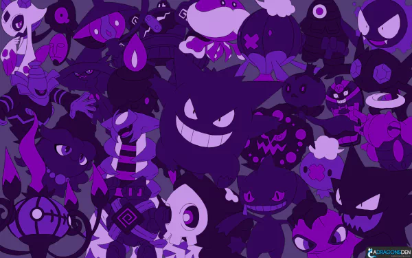 A vibrant HD wallpaper featuring a diverse group of Pokémon in shades of purple, showcasing various characters from the anime series in a dynamic, engaging design.