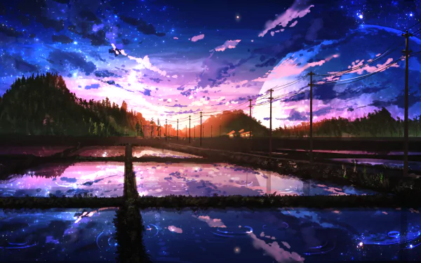 HD anime wallpaper featuring a tranquil landscape at twilight, with a vivid sky and reflections in a rice field. Power lines stretch into the distance, framed by lush hills and twinkling stars.
