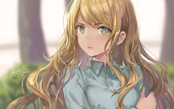 HD anime girl desktop wallpaper featuring a striking girl with long blonde hair and green eyes, wearing a light blue shirt.