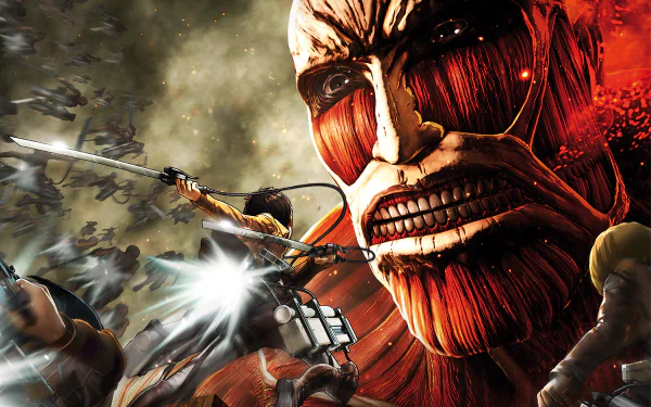 HD desktop wallpaper featuring characters from Attack on Titan, including the Colossal Titan, Mikasa Ackerman, Armin Arlert, and Eren Yeager, in a dynamic and intense battle scene.