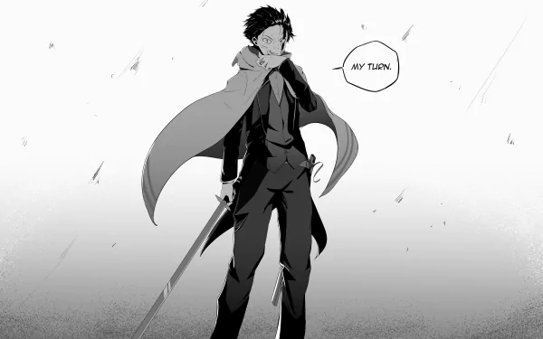 4K Ultra HD anime wallpaper featuring a monochrome illustration of a character from Re:Zero - Starting Life in Another World holding a sword with a determined expression.