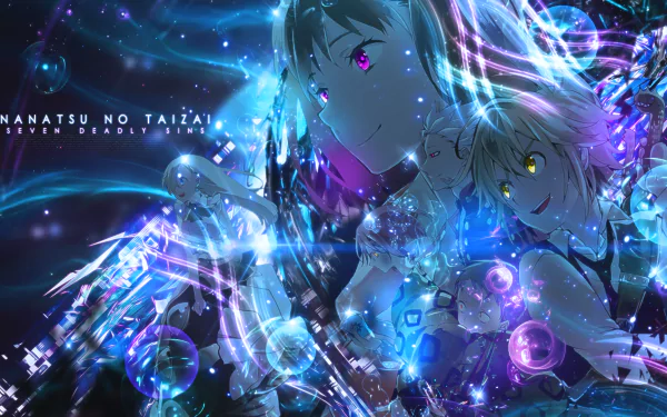 HD desktop wallpaper featuring characters Elizabeth Liones, Gowther, King, Diane, Ban, and Meliodas from The Seven Deadly Sins anime, illuminated with glowing blue accents and vibrant colors.