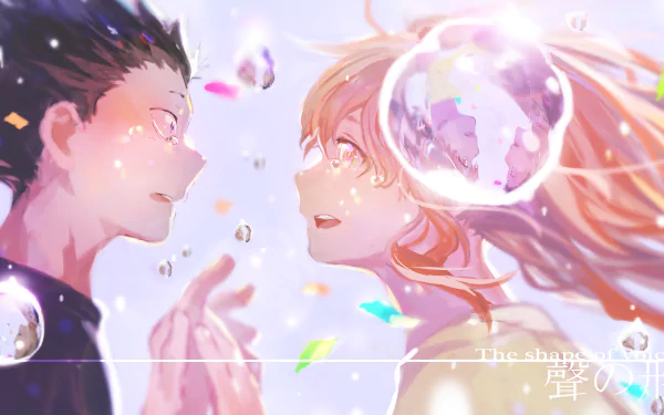 AHD wallpaper featuring Shouya Ishida and Shouko Nishimiya from the anime A Silent Voice. They face each other against a background of floating geometrical shapes and light orbs.