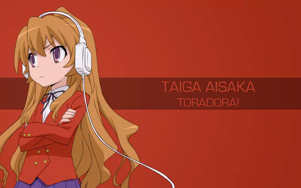 A vibrant HD wallpaper featuring Taiga Aisaka from the anime Toradora!, showcasing her in a red background with headphones, exuding a strong and confident demeanor.