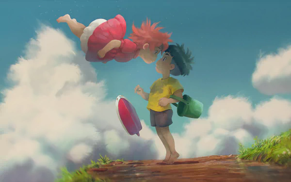 An HD Studio Ghibli wallpaper featuring Sosuke and Ponyo from the anime Ponyo, set against a vibrant sky with fluffy clouds.