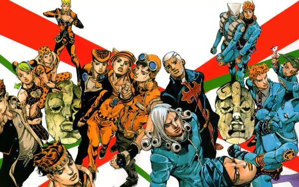 A vibrant HD anime wallpaper featuring characters from Jojo's Bizarre Adventure, showcasing a dynamic composition with bold colors and intriguing poses.