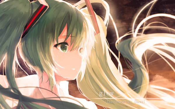 Hatsune Miku, the iconic Vocaloid character, is depicted in this stunning HD anime wallpaper, showcasing her flowing green hair and expressive features against a dramatic background.