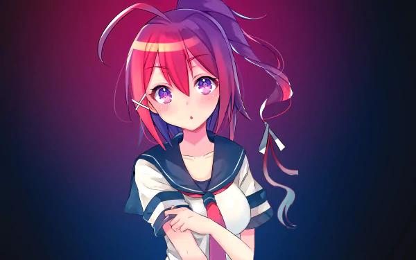 Anime-themed HD desktop wallpaper featuring a character with vibrant hair and a school uniform, set against a colorful background. Original design captures a playful and expressive vibe.