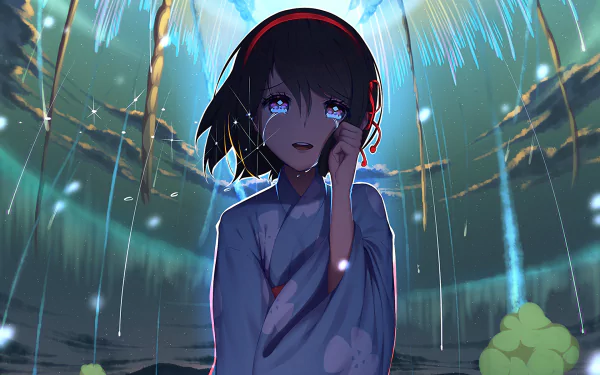 HD desktop wallpaper of Mitsuha Miyamizu from the anime Your Name. Mitsuha is depicted standing in a mystical setting with tears streaming down her face, surrounded by ethereal light and cascading water.