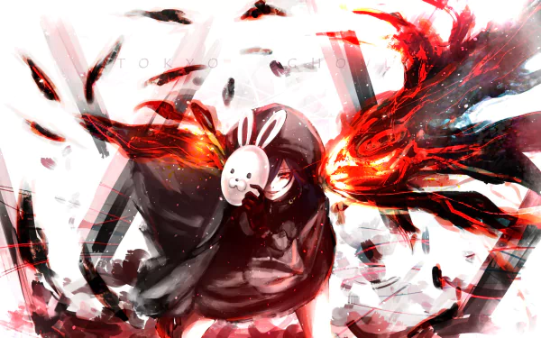 Anime character Touka Kirishima from Tokyo Ghoul with red eyes, wearing a mask and hood, and displaying her Kagune wings. Background is dynamic and fiery. HD desktop wallpaper.