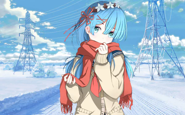 HD desktop wallpaper featuring Rem from Re:Zero - Starting Life in Another World, showcasing her blue hair, aqua eyes, and a red scarf in a snowy landscape with power lines in the background.