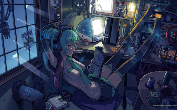 HD desktop wallpaper featuring Hatsune Miku from Vocaloid in an anime style, relaxing in a sci-fi themed room with various gadgets around.