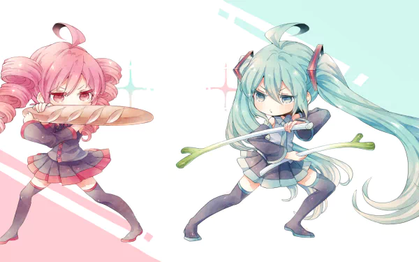 HD desktop wallpaper featuring anime characters Kasane Teto and Hatsune Miku from Vocaloid and Utau, engaged in a playful standoff with comical weapons. Bright, colorful background.