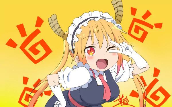 HD desktop wallpaper of Tohru from Miss Kobayashi's Dragon Maid dressed in her maid outfit, posing against a bright yellow background with red symbols.